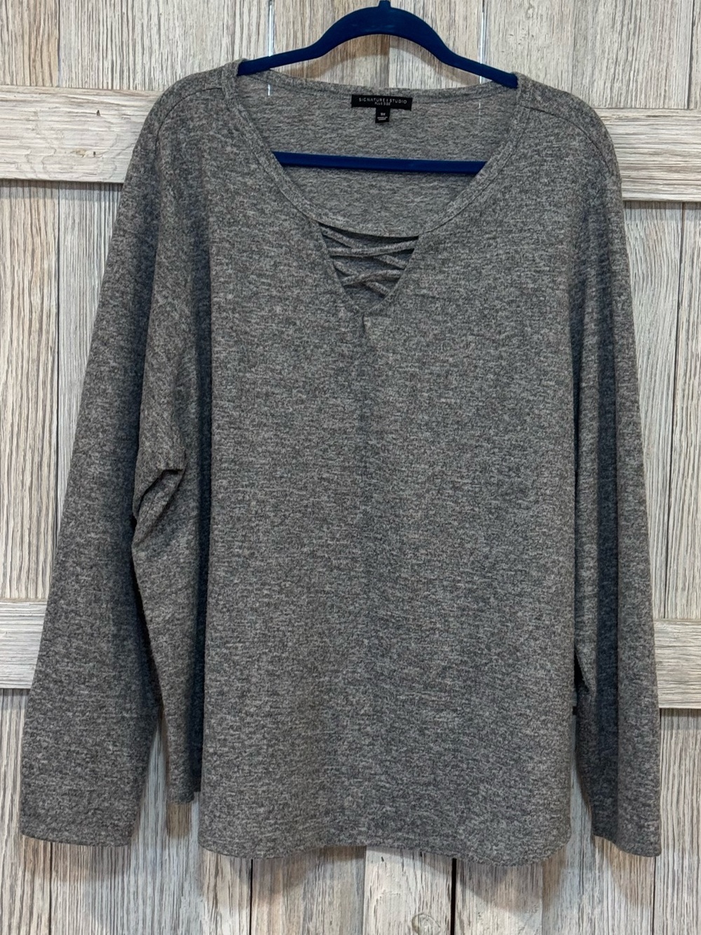 Signature Studio Gray V-Neck Crisscross Knit Sweater Sz 3X